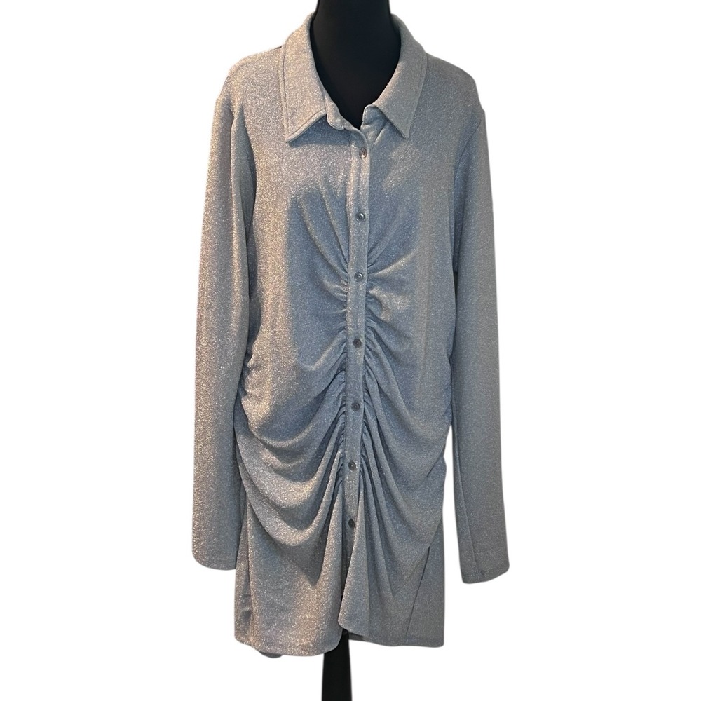 Good American Silver Shimmer Ruched Button Front Shirt Dress Long Sleeve Size 5‎